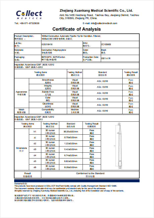 COA of ZC103803, 1000ul Hamilton Conductive Pipette Tips with Filter