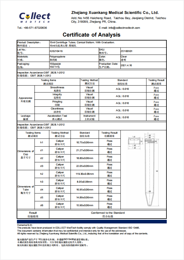 COA of ZD100501, 15ml Centrifuge Tubes